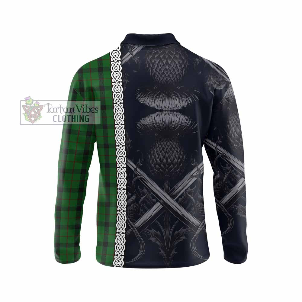 Tartan Vibes Clothing Kincaid Tartan Long Sleeve Polo Shirt with Family Crest Cross Sword Thistle Celtic Vibes