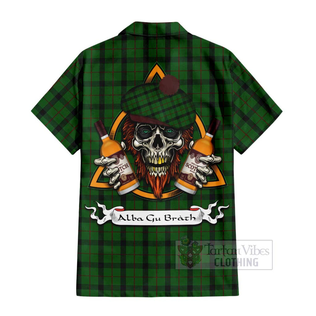 Tartan Vibes Clothing Kincaid Tartan Short Sleeve Button Shirt with Family Crest and Bearded Skull Holding Bottles of Whiskey