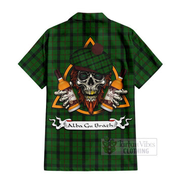 Kincaid Tartan Short Sleeve Button Shirt with Family Crest and Bearded Skull Holding Bottles of Whiskey