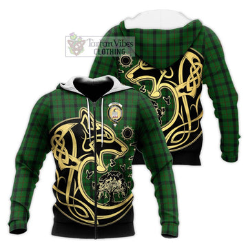 Kincaid Tartan Knitted Hoodie with Family Crest Celtic Wolf Style