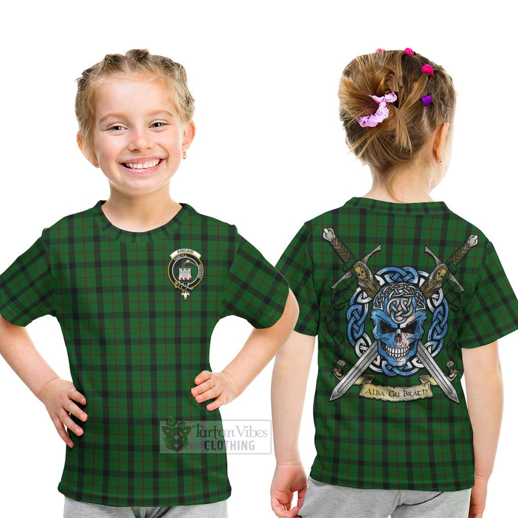 Tartan Vibes Clothing Kincaid Tartan Kid T-Shirt with Family Crest Celtic Skull Style