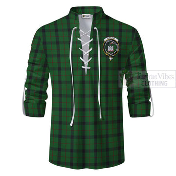 Kincaid Tartan Ghillie Kilt Shirt with Family Crest and Bearded Skull Holding Bottles of Whiskey