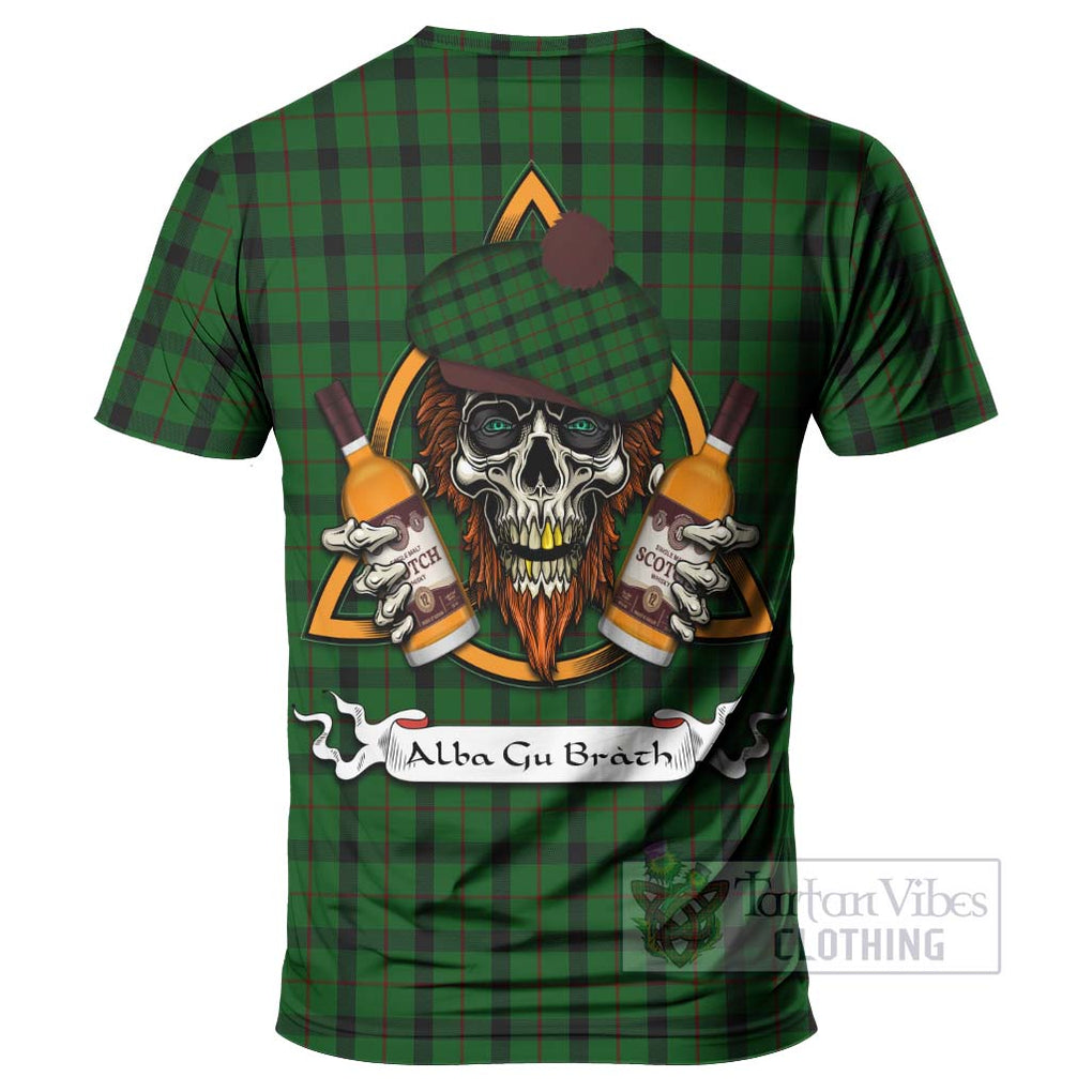 Tartan Vibes Clothing Kincaid Tartan T-Shirt with Family Crest and Bearded Skull Holding Bottles of Whiskey