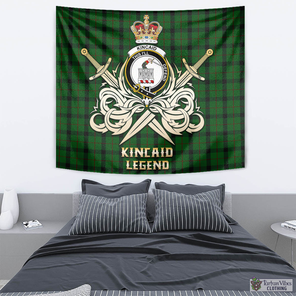 Tartan Vibes Clothing Kincaid Tartan Tapestry with Clan Crest and the Golden Sword of Courageous Legacy