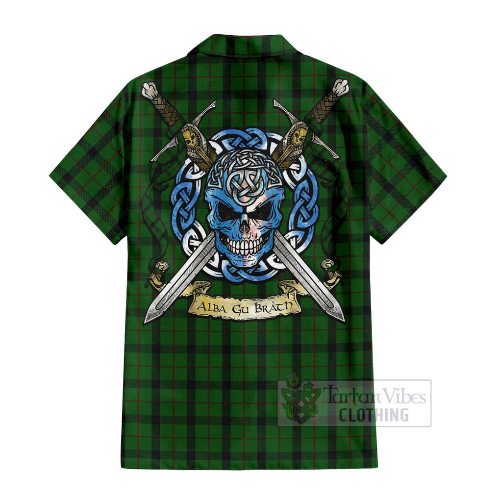 Tartan Vibes Clothing Kincaid Tartan Short Sleeve Button Shirt with Family Crest Celtic Skull Style