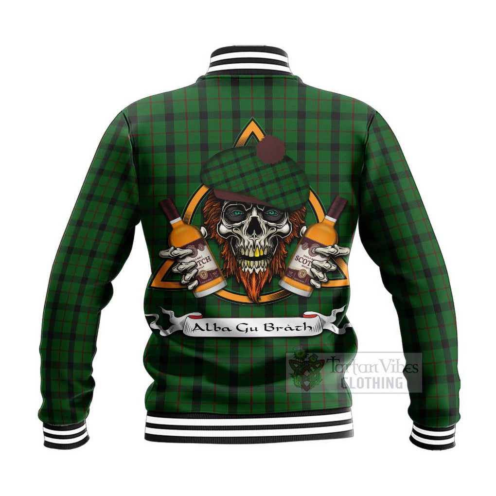 Tartan Vibes Clothing Kincaid Tartan Baseball Jacket with Family Crest and Bearded Skull Holding Bottles of Whiskey