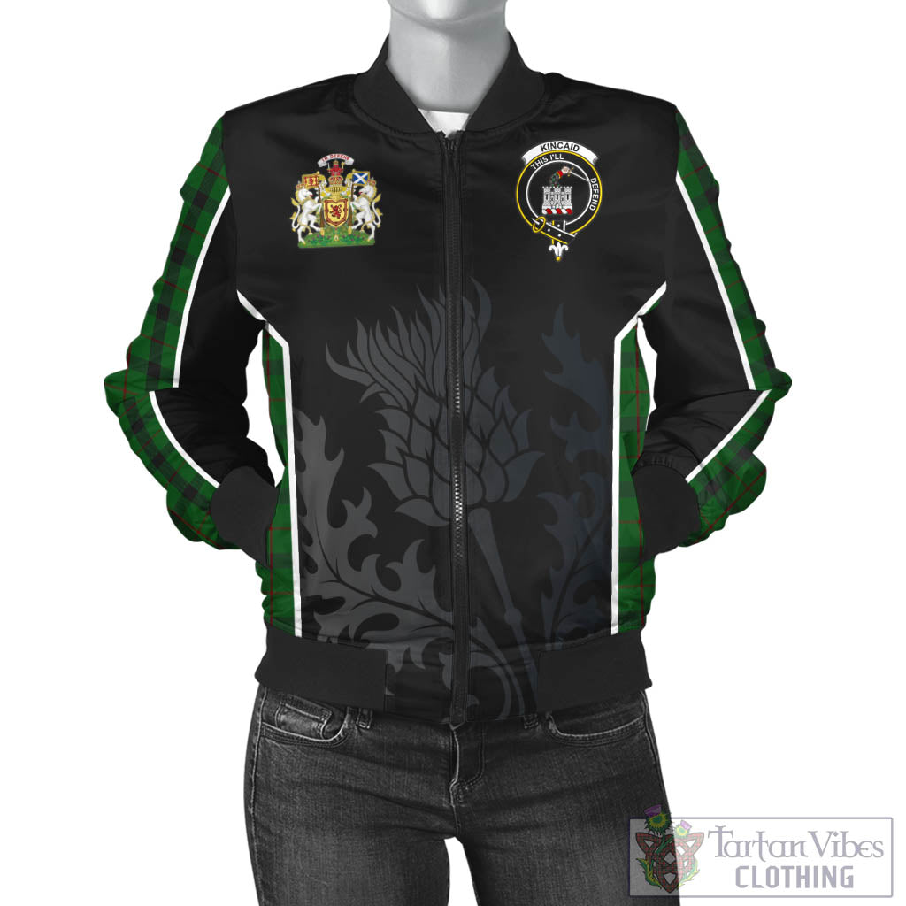 Tartan Vibes Clothing Kincaid Tartan Bomber Jacket with Family Crest and Scottish Thistle Vibes Sport Style