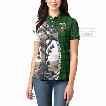 Kincaid Tartan Women's Polo Shirt with Family Crest and St. Andrew's Cross Accented by Thistle Vines