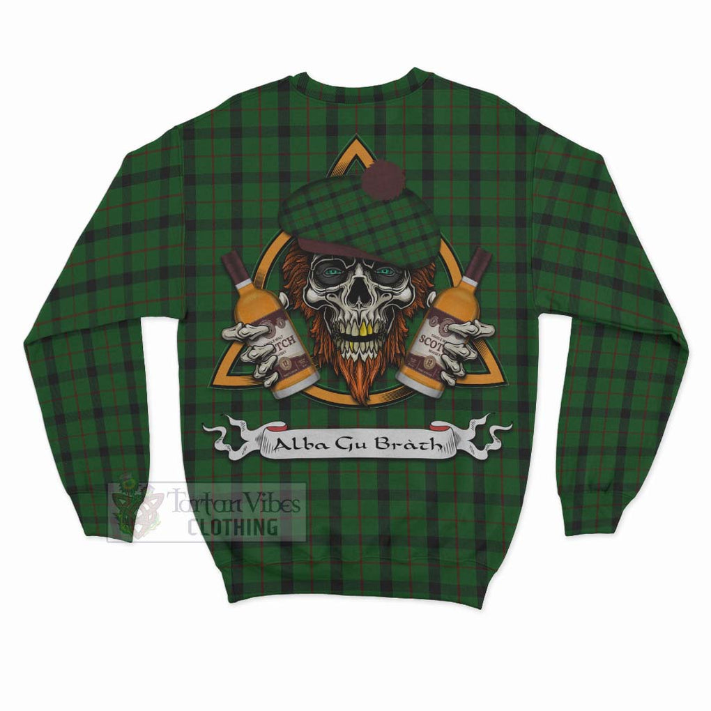 Tartan Vibes Clothing Kincaid Tartan Sweatshirt with Family Crest and Bearded Skull Holding Bottles of Whiskey