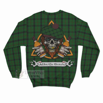 Kincaid Tartan Sweatshirt with Family Crest and Bearded Skull Holding Bottles of Whiskey