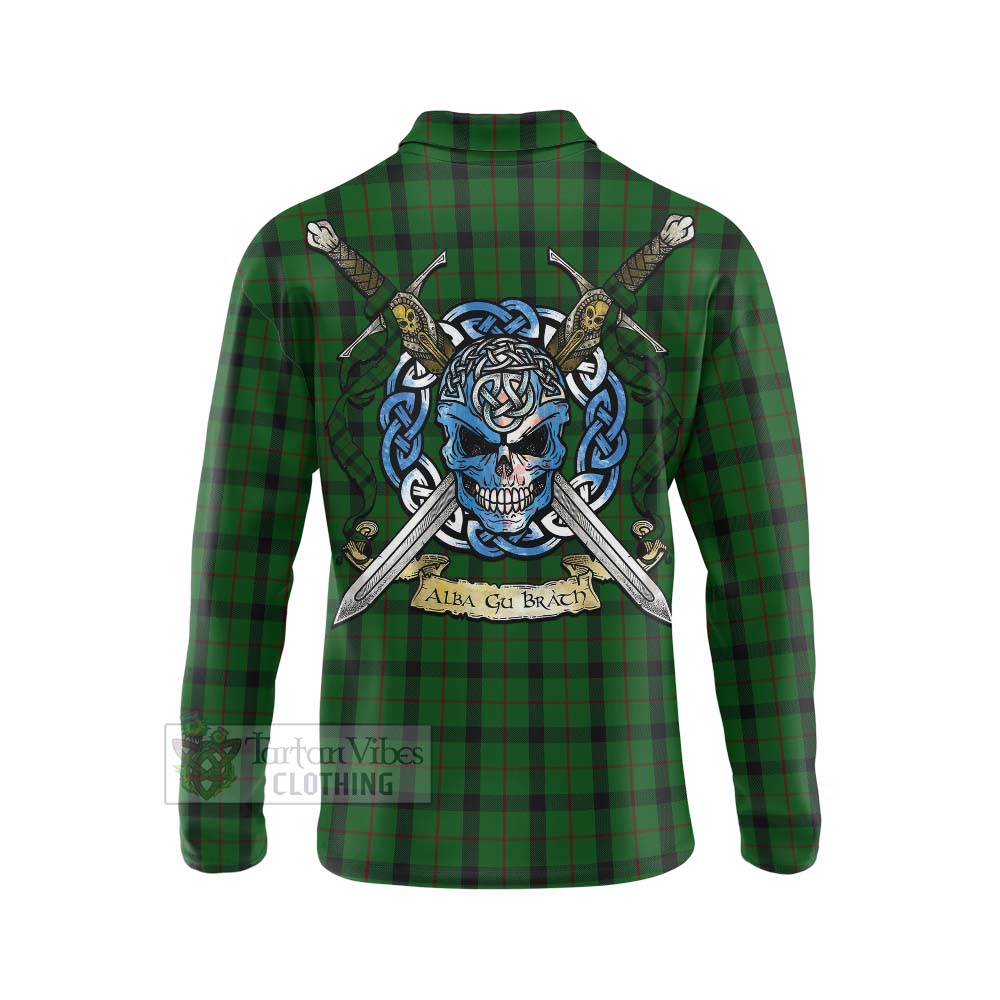 Tartan Vibes Clothing Kincaid Tartan Long Sleeve Polo Shirt with Family Crest Celtic Skull Style