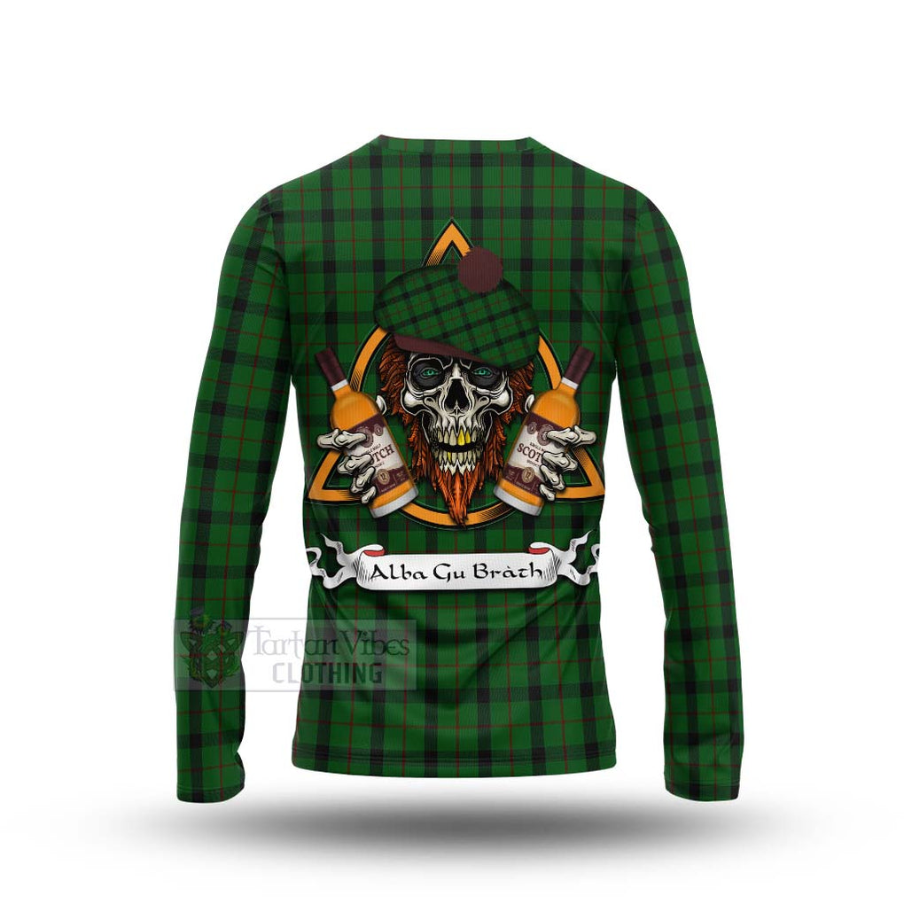 Tartan Vibes Clothing Kincaid Tartan Long Sleeve T-Shirt with Family Crest and Bearded Skull Holding Bottles of Whiskey