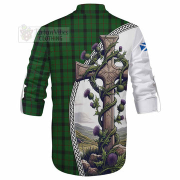 Kincaid Tartan Ghillie Kilt Shirt with Family Crest and St. Andrew's Cross Accented by Thistle Vines