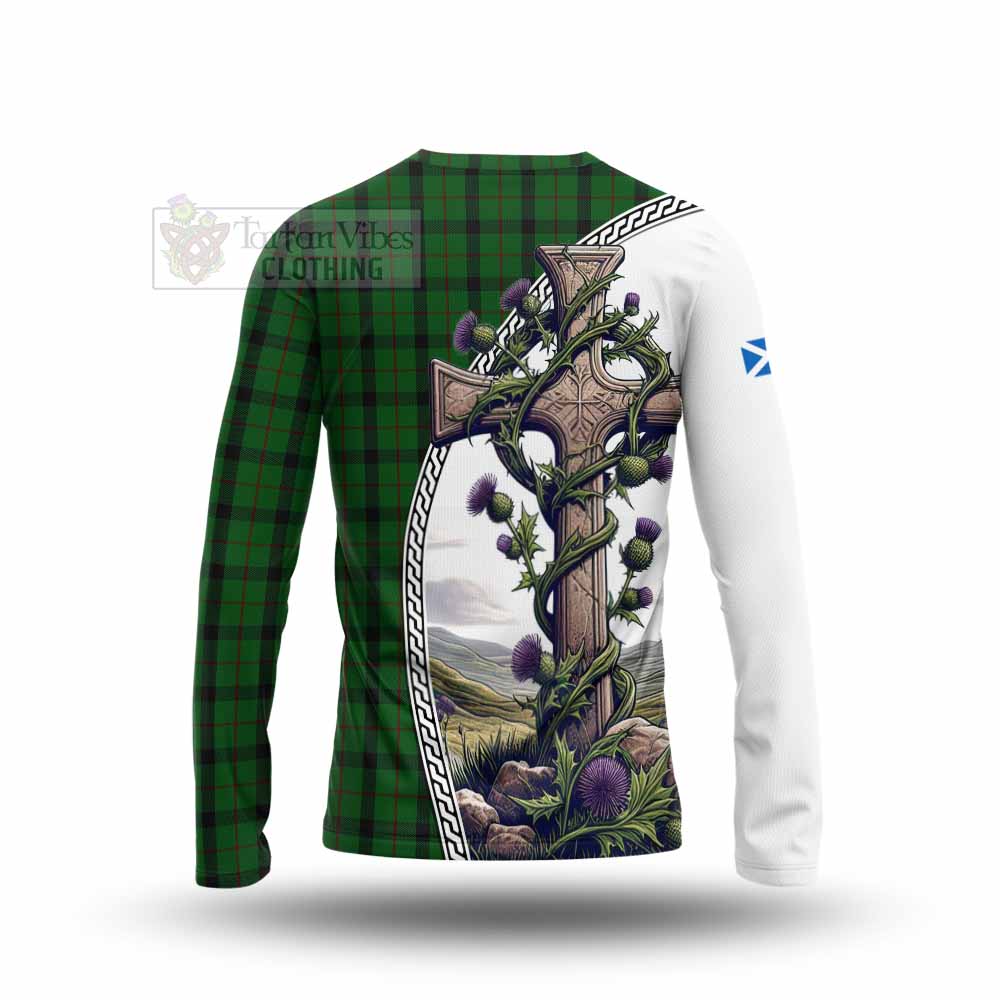 Tartan Vibes Clothing Kincaid Tartan Long Sleeve T-Shirt with Family Crest and St. Andrew's Cross Accented by Thistle Vines