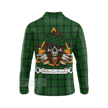 Kincaid Tartan Long Sleeve Polo Shirt with Family Crest and Bearded Skull Holding Bottles of Whiskey