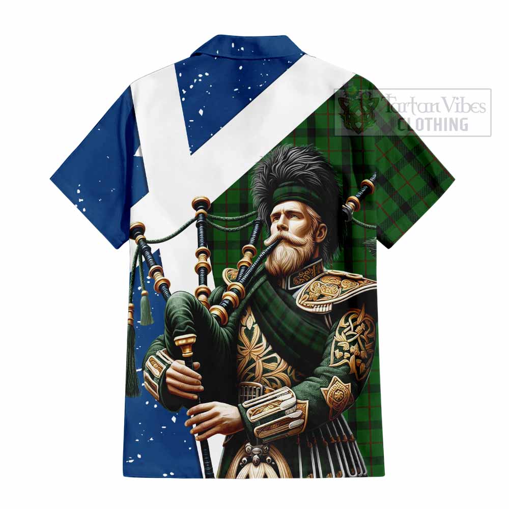 Tartan Vibes Clothing Kincaid Tartan Short Sleeve Button Shirt with Family Crest Scottish Bagpiper Vibes