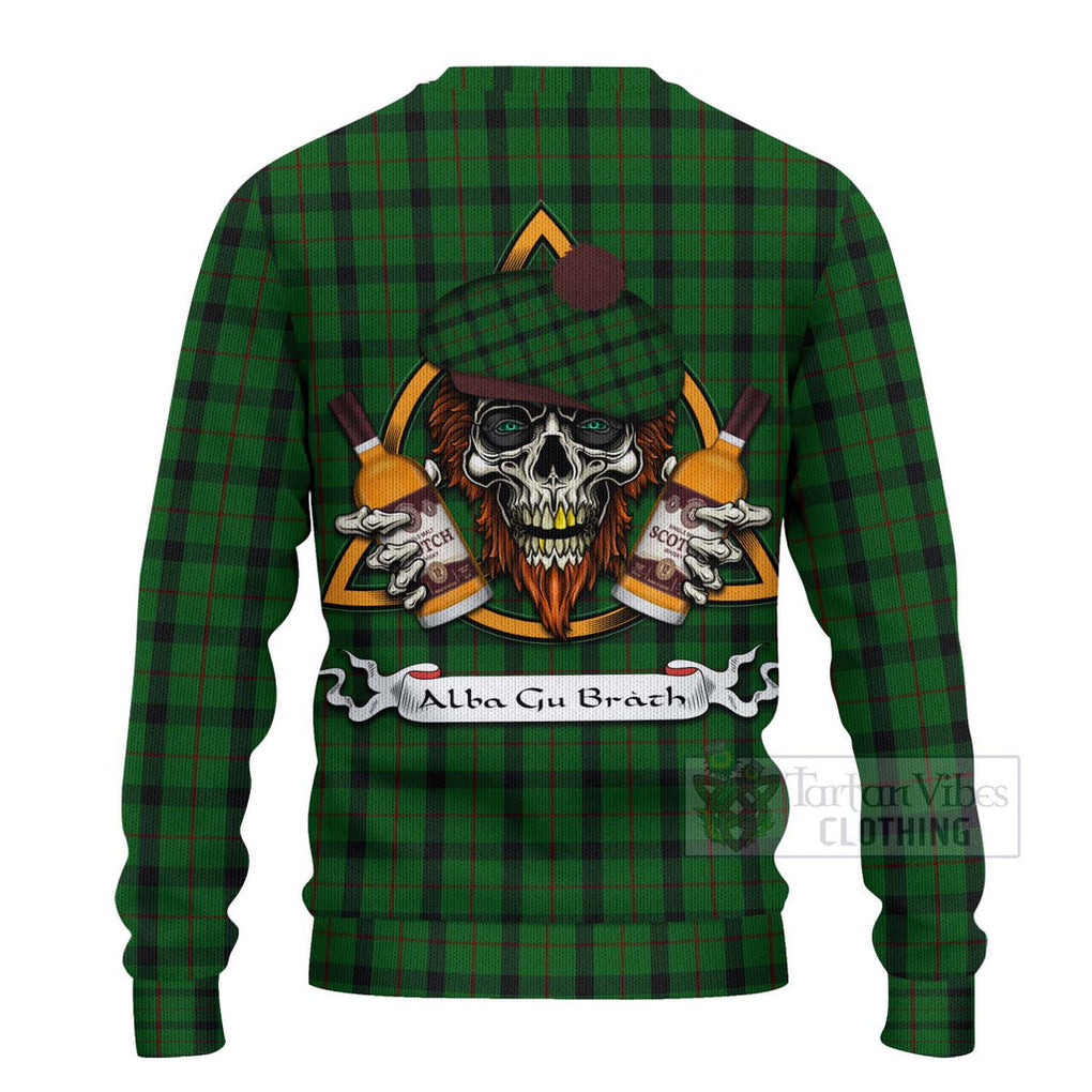 Tartan Vibes Clothing Kincaid Tartan Knitted Sweater with Family Crest and Bearded Skull Holding Bottles of Whiskey