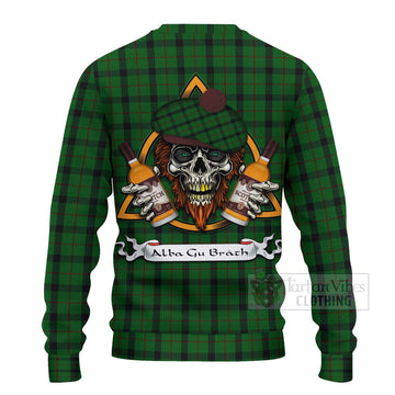 Kincaid Tartan Ugly Sweater with Family Crest and Bearded Skull Holding Bottles of Whiskey