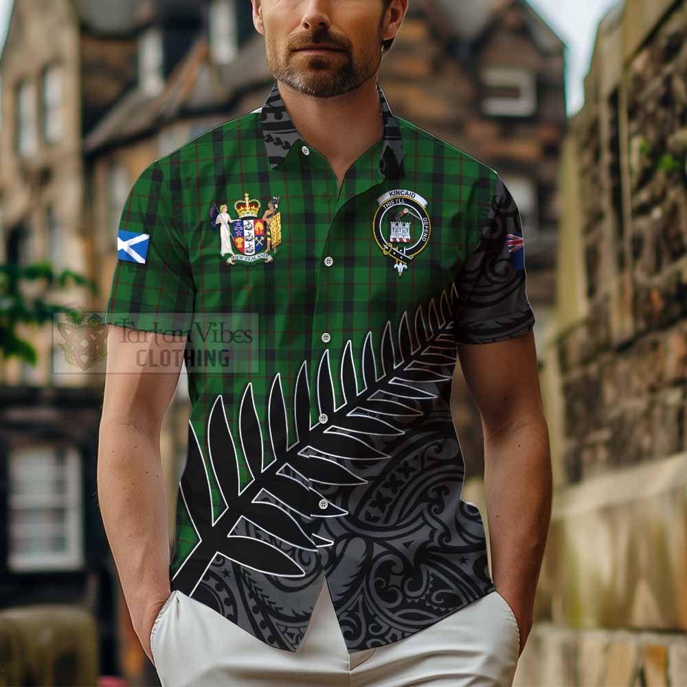 Tartan Vibes Clothing Kincaid Crest Tartan Short Sleeve Button Shirt with New Zealand Silver Fern Half Style