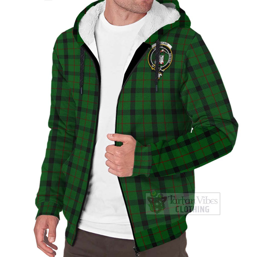 Tartan Vibes Clothing Kincaid Tartan Sherpa Hoodie with Family Crest and Bearded Skull Holding Bottles of Whiskey