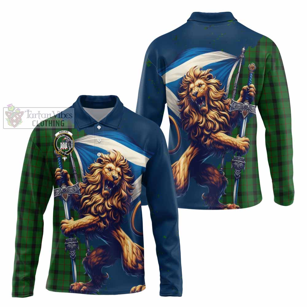 Tartan Vibes Clothing Kincaid Tartan Family Crest Long Sleeve Polo Shirt with Scottish Majestic Lion