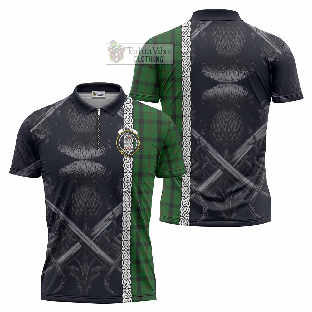 Tartan Vibes Clothing Kincaid Tartan Zipper Polo Shirt with Family Crest Cross Sword Thistle Celtic Vibes