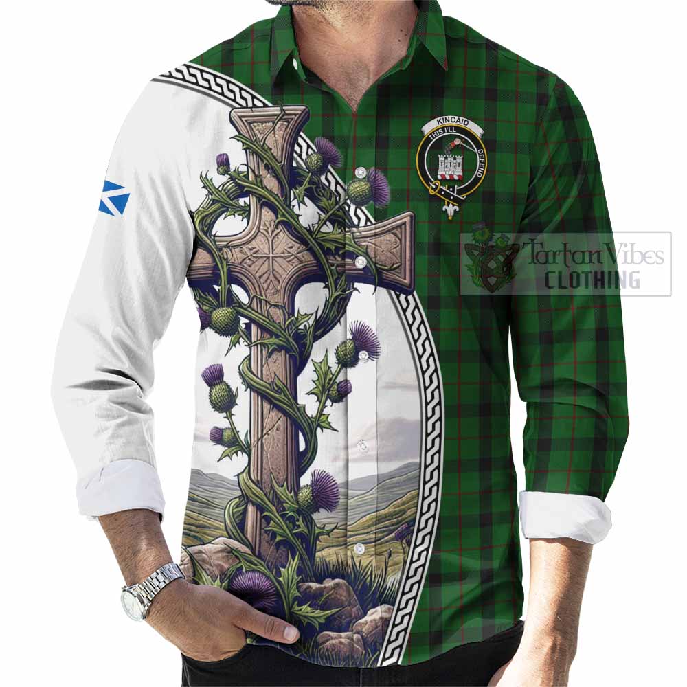 Tartan Vibes Clothing Kincaid Tartan Long Sleeve Button Shirt with Family Crest and St. Andrew's Cross Accented by Thistle Vines