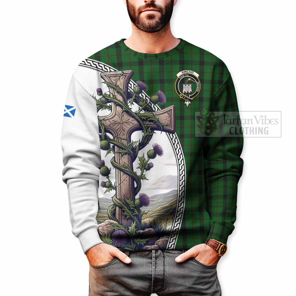 Tartan Vibes Clothing Kincaid Tartan Sweatshirt with Family Crest and St. Andrew's Cross Accented by Thistle Vines