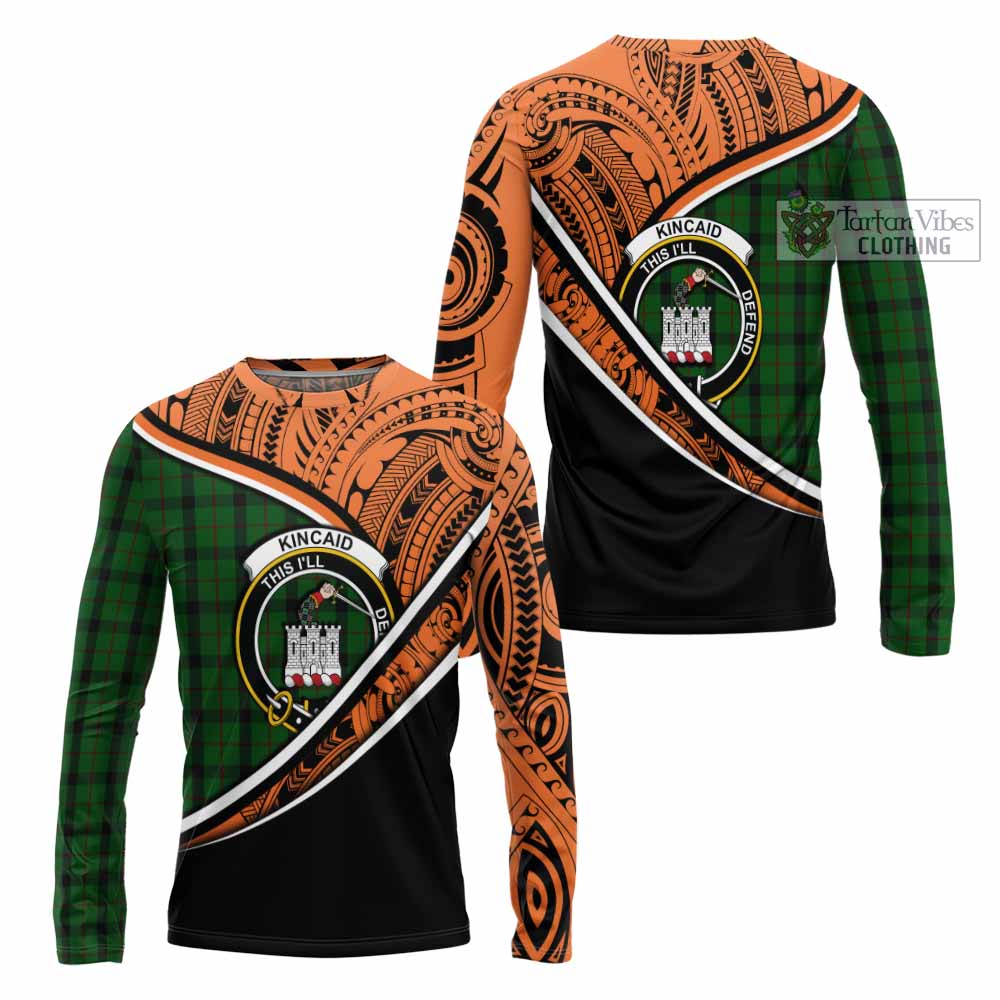 Tartan Vibes Clothing Kincaid Crest Tartan Long Sleeve T-Shirt with Maori Tattoo Style - Orange Version