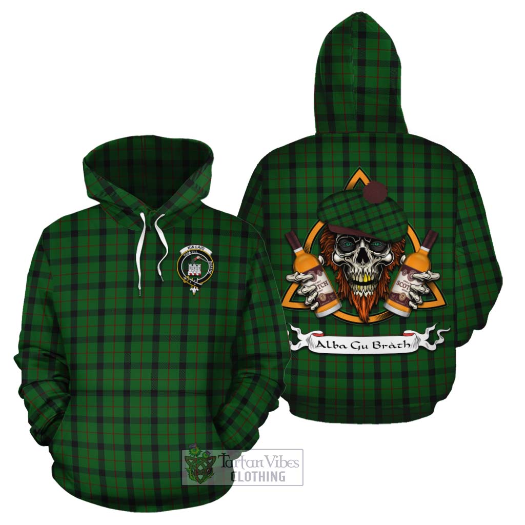 Tartan Vibes Clothing Kincaid Tartan Cotton Hoodie with Family Crest and Bearded Skull Holding Bottles of Whiskey