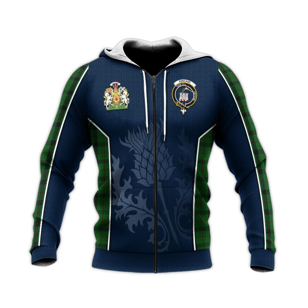 Tartan Vibes Clothing Kincaid Tartan Knitted Hoodie with Family Crest and Scottish Thistle Vibes Sport Style