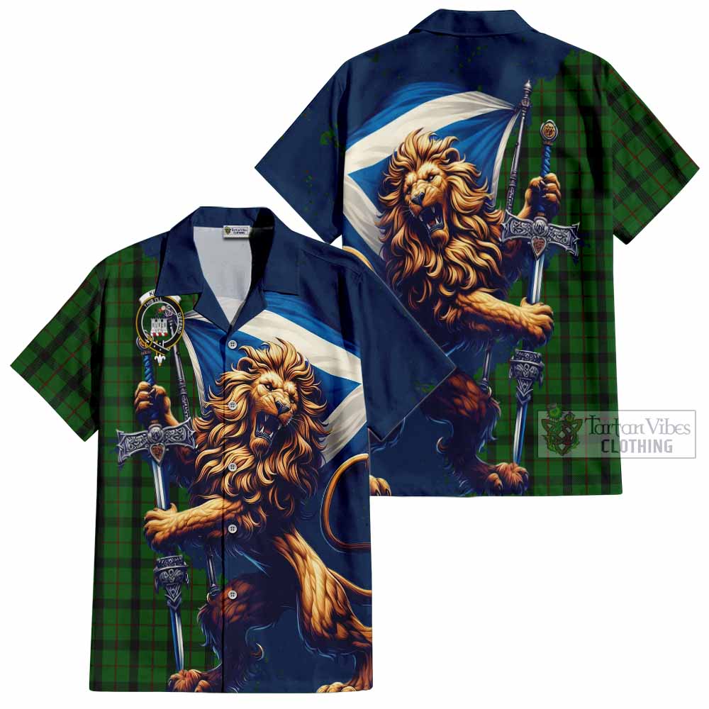 Tartan Vibes Clothing Kincaid Tartan Family Crest Short Sleeve Button Shirt with Scottish Majestic Lion