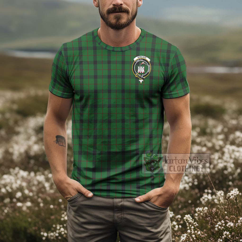 Tartan Vibes Clothing Kincaid Tartan T-Shirt with Family Crest and Bearded Skull Holding Bottles of Whiskey