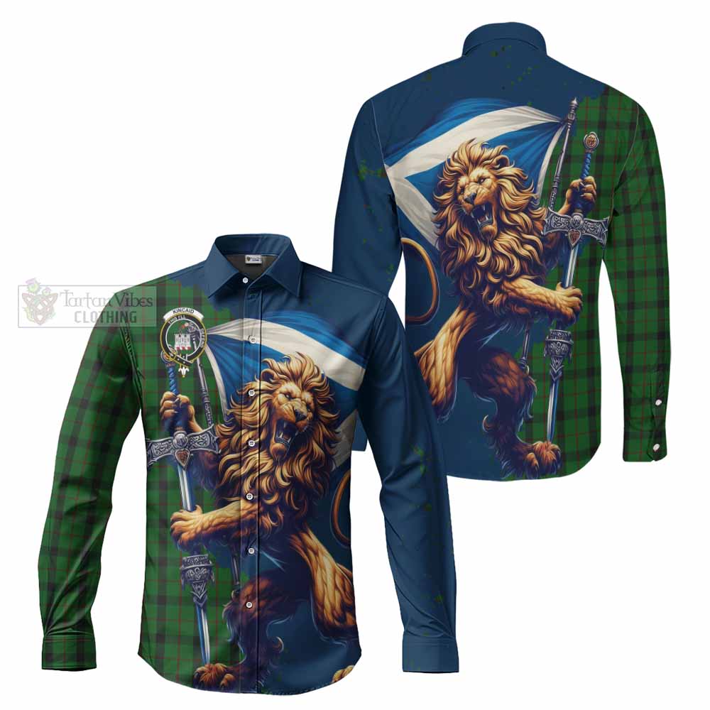 Tartan Vibes Clothing Kincaid Tartan Family Crest Long Sleeve Button Shirt with Scottish Majestic Lion