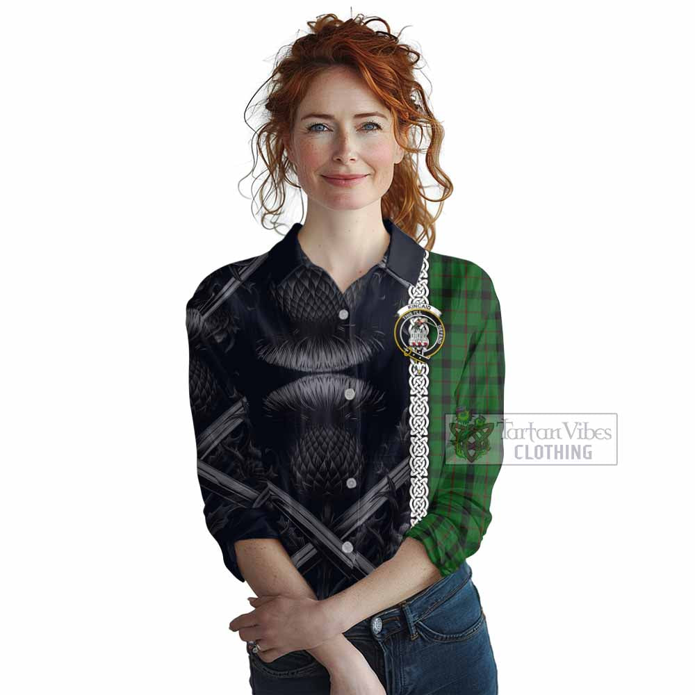 Tartan Vibes Clothing Kincaid Tartan Women's Casual Shirt with Family Crest Cross Sword Thistle Celtic Vibes