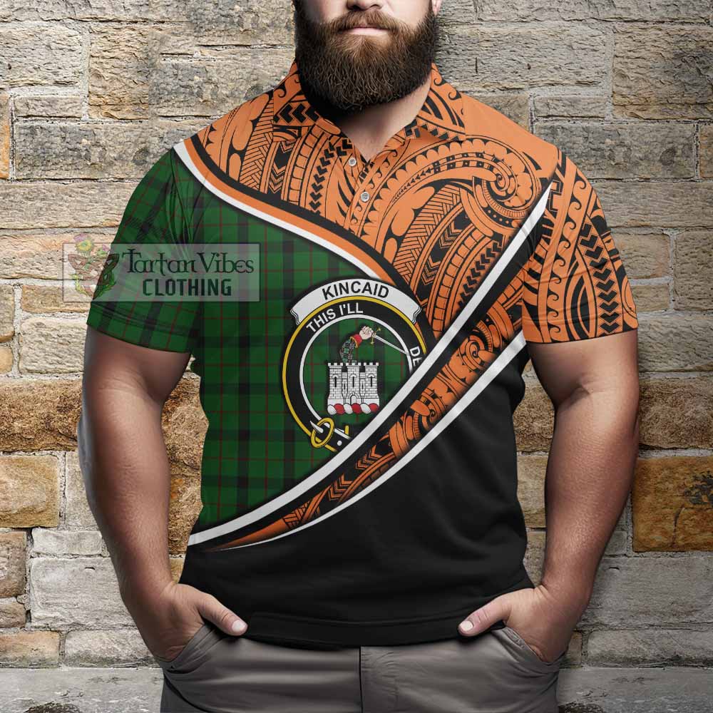 Tartan Vibes Clothing Kincaid Crest Tartan Polo Shirt with Maori Tattoo Style - Orange Version