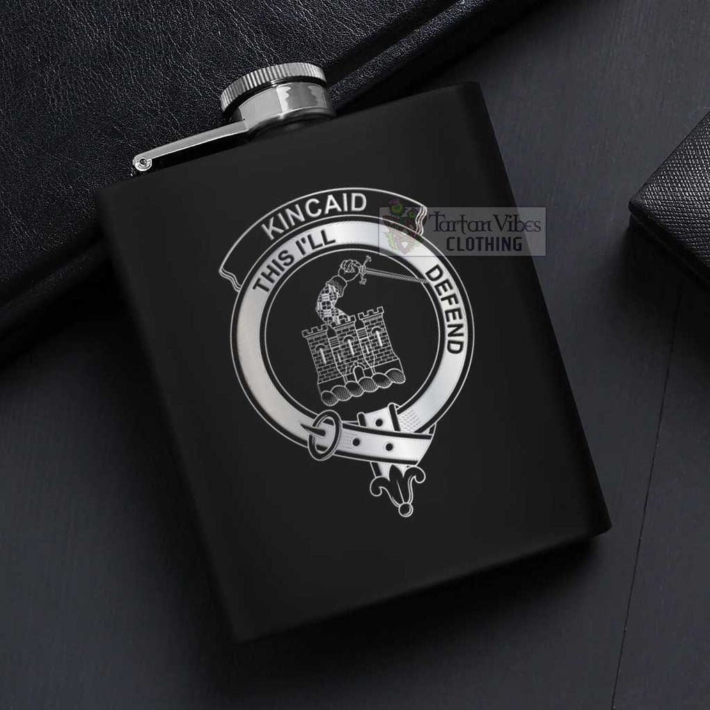 Tartan Vibes Clothing Kincaid Crest Hip Flask Set 7oz Black Stainless Steel with A Gift Box