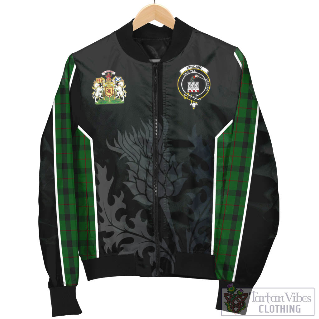 Tartan Vibes Clothing Kincaid Tartan Bomber Jacket with Family Crest and Scottish Thistle Vibes Sport Style