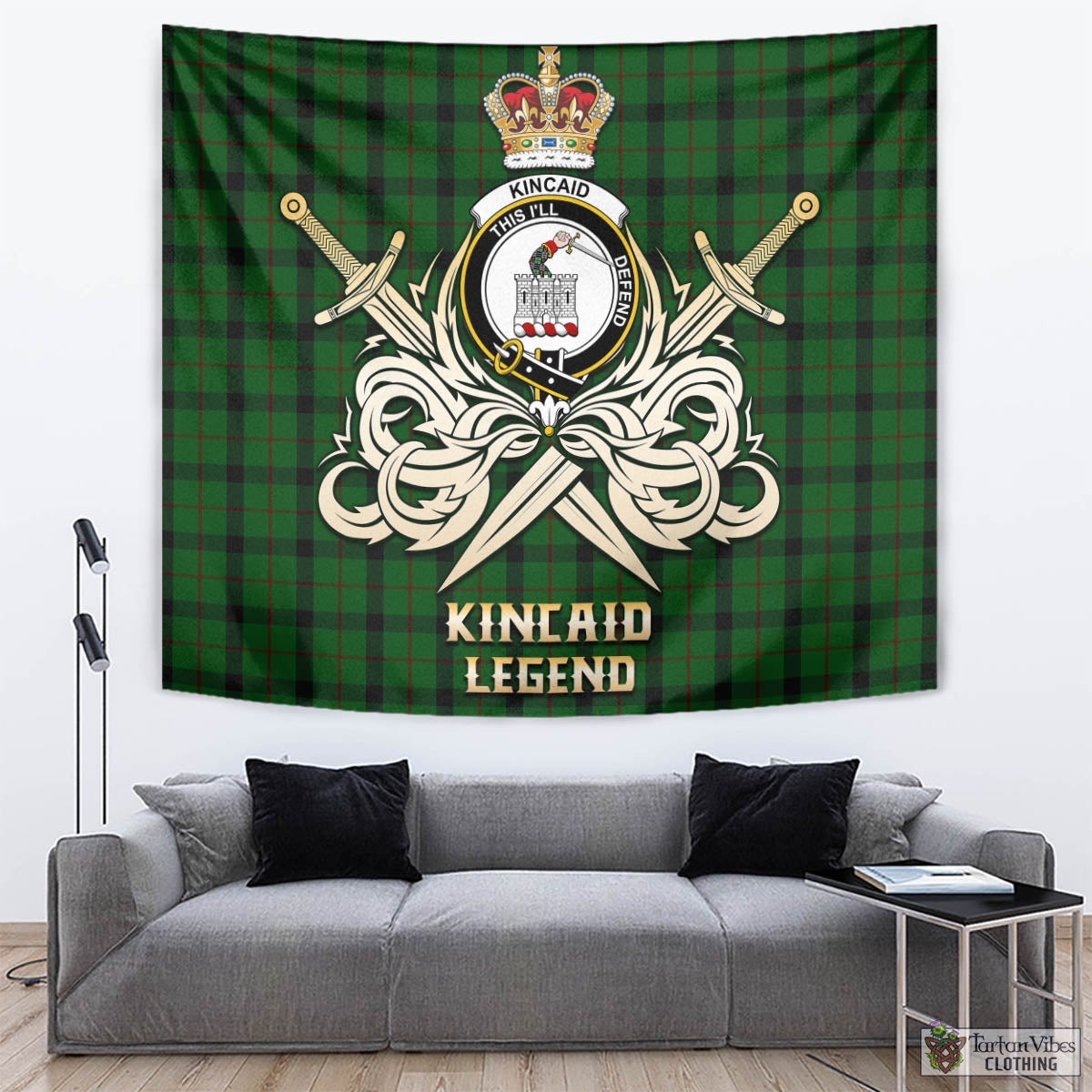 Tartan Vibes Clothing Kincaid Tartan Tapestry with Clan Crest and the Golden Sword of Courageous Legacy