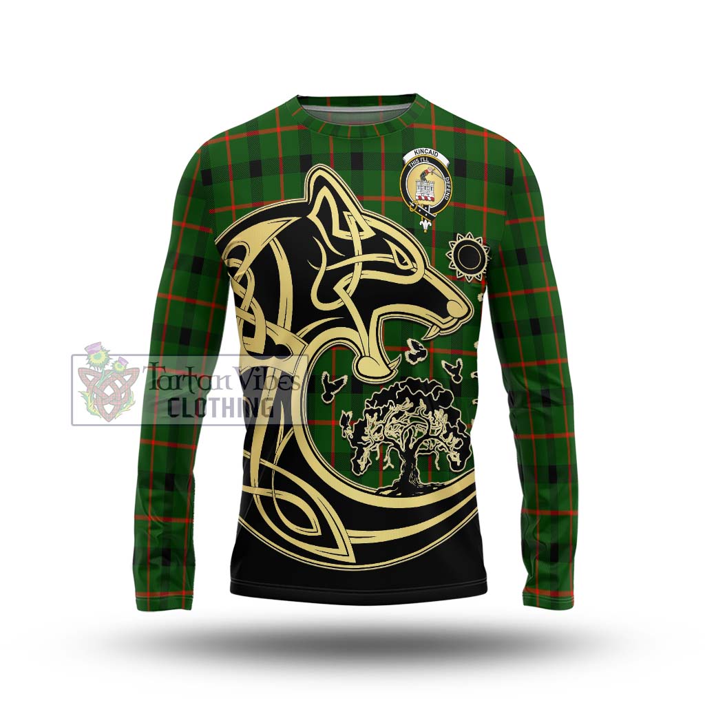 Tartan Vibes Clothing Kincaid Modern Tartan Long Sleeve T-Shirt with Family Crest Celtic Wolf Style