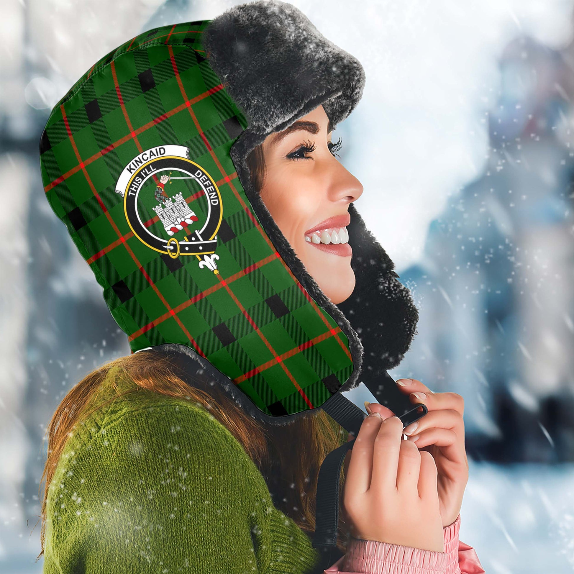 Kincaid Modern Tartan Winter Trapper Hat with Family Crest Winter Trapper Hat Universal Fit Circumference 22.8in (58cm) - Tartanvibesclothing