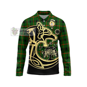 Kincaid Modern Tartan Long Sleeve Polo Shirt with Family Crest Celtic Wolf Style