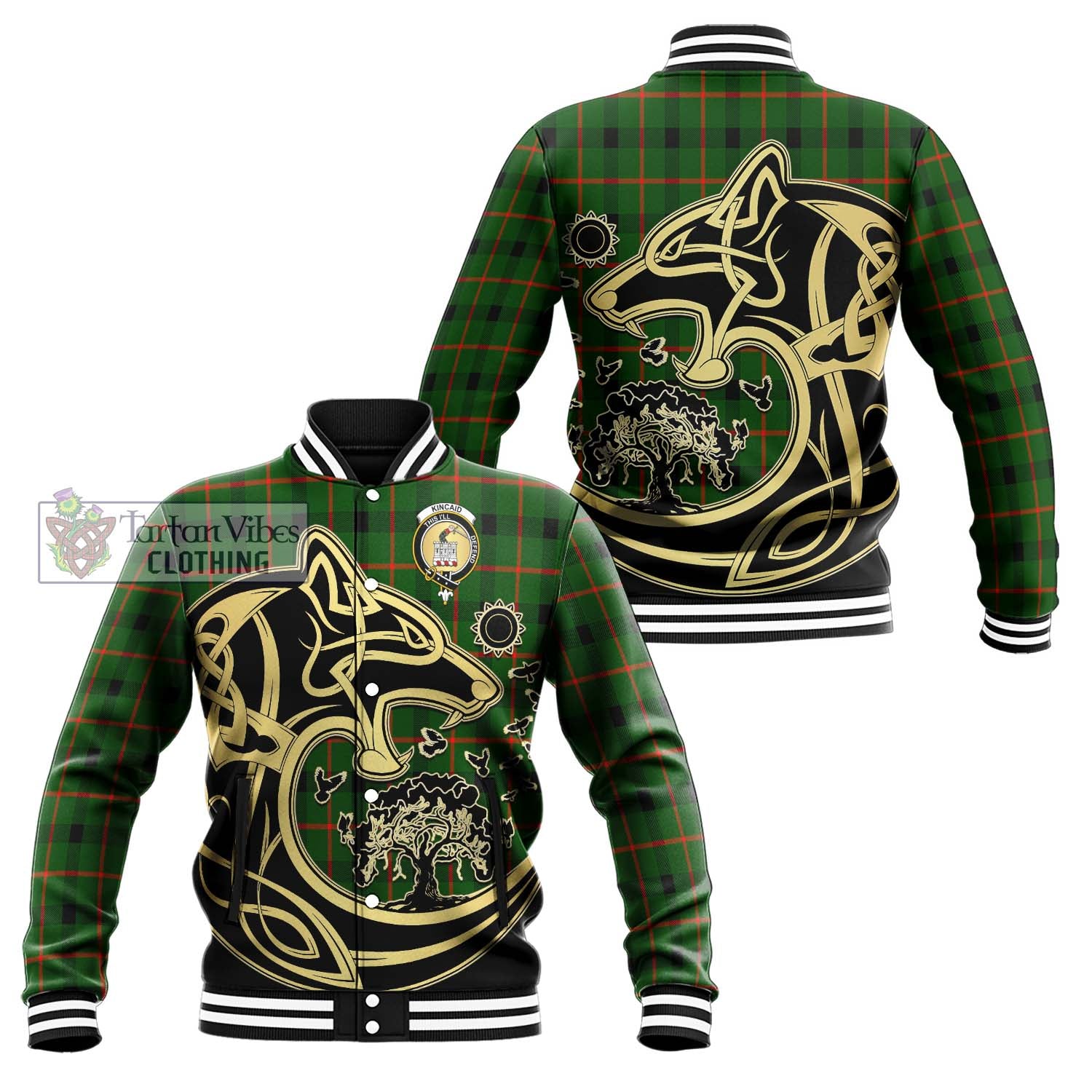 Tartan Vibes Clothing Kincaid Modern Tartan Baseball Jacket with Family Crest Celtic Wolf Style