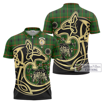 Kincaid Modern Tartan Zipper Polo Shirt with Family Crest Celtic Wolf Style