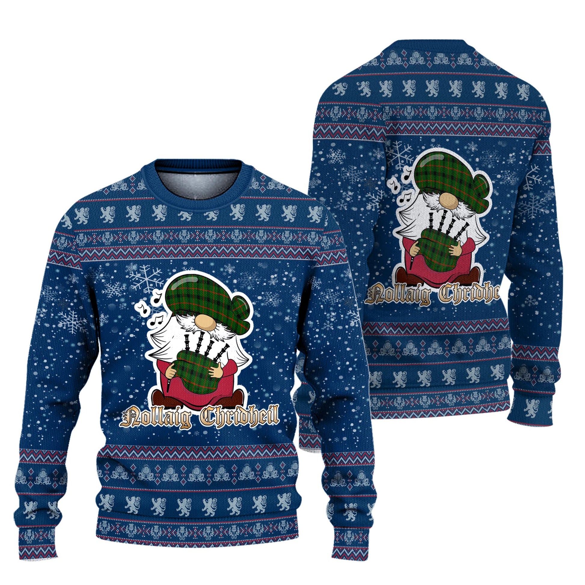 Kincaid Modern Clan Christmas Family Knitted Sweater with Funny Gnome Playing Bagpipes Unisex Blue - Tartanvibesclothing