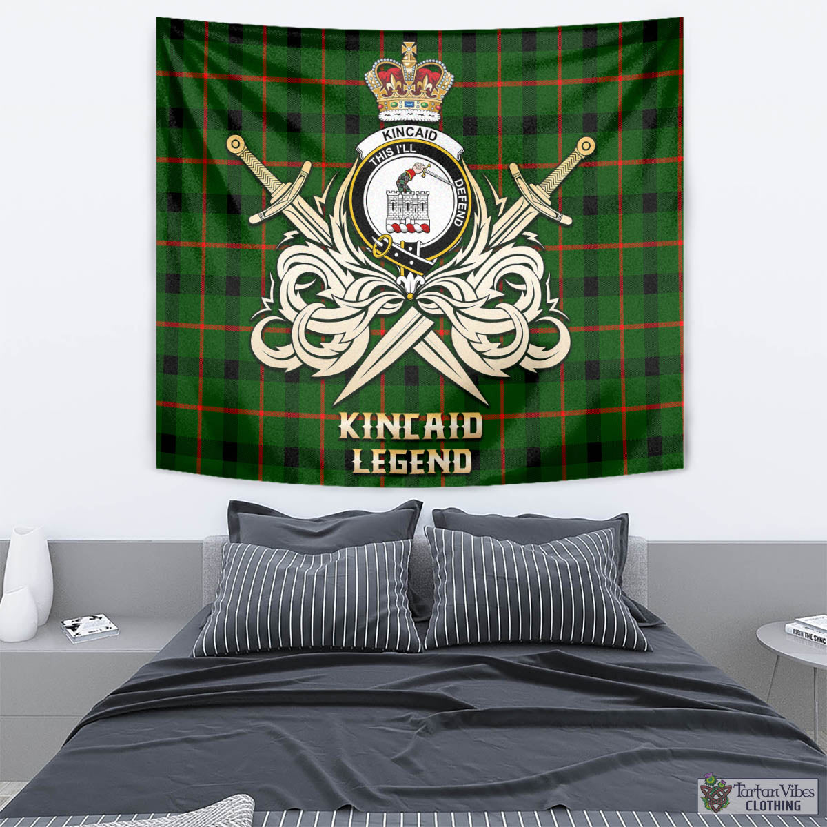 Tartan Vibes Clothing Kincaid Modern Tartan Tapestry with Clan Crest and the Golden Sword of Courageous Legacy