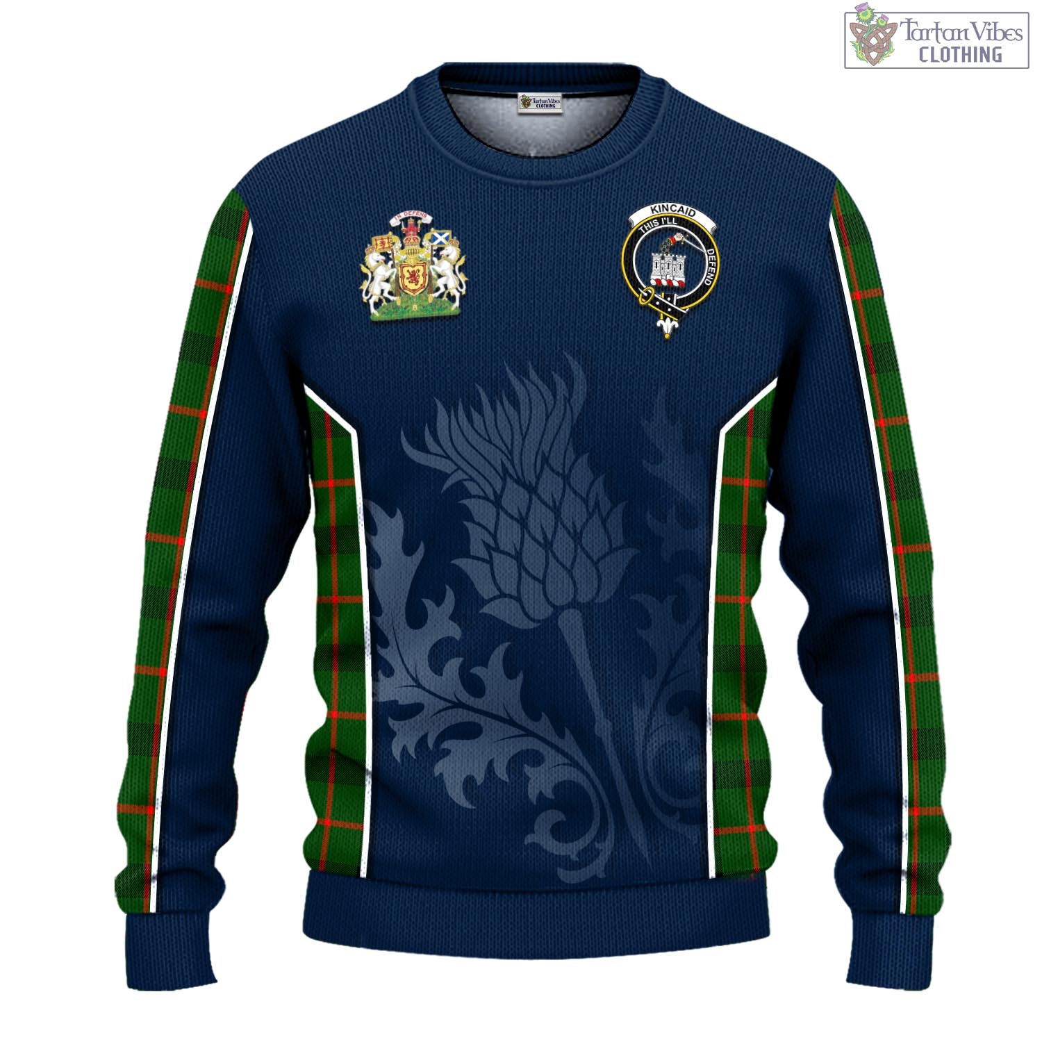 Tartan Vibes Clothing Kincaid Modern Tartan Knitted Sweatshirt with Family Crest and Scottish Thistle Vibes Sport Style