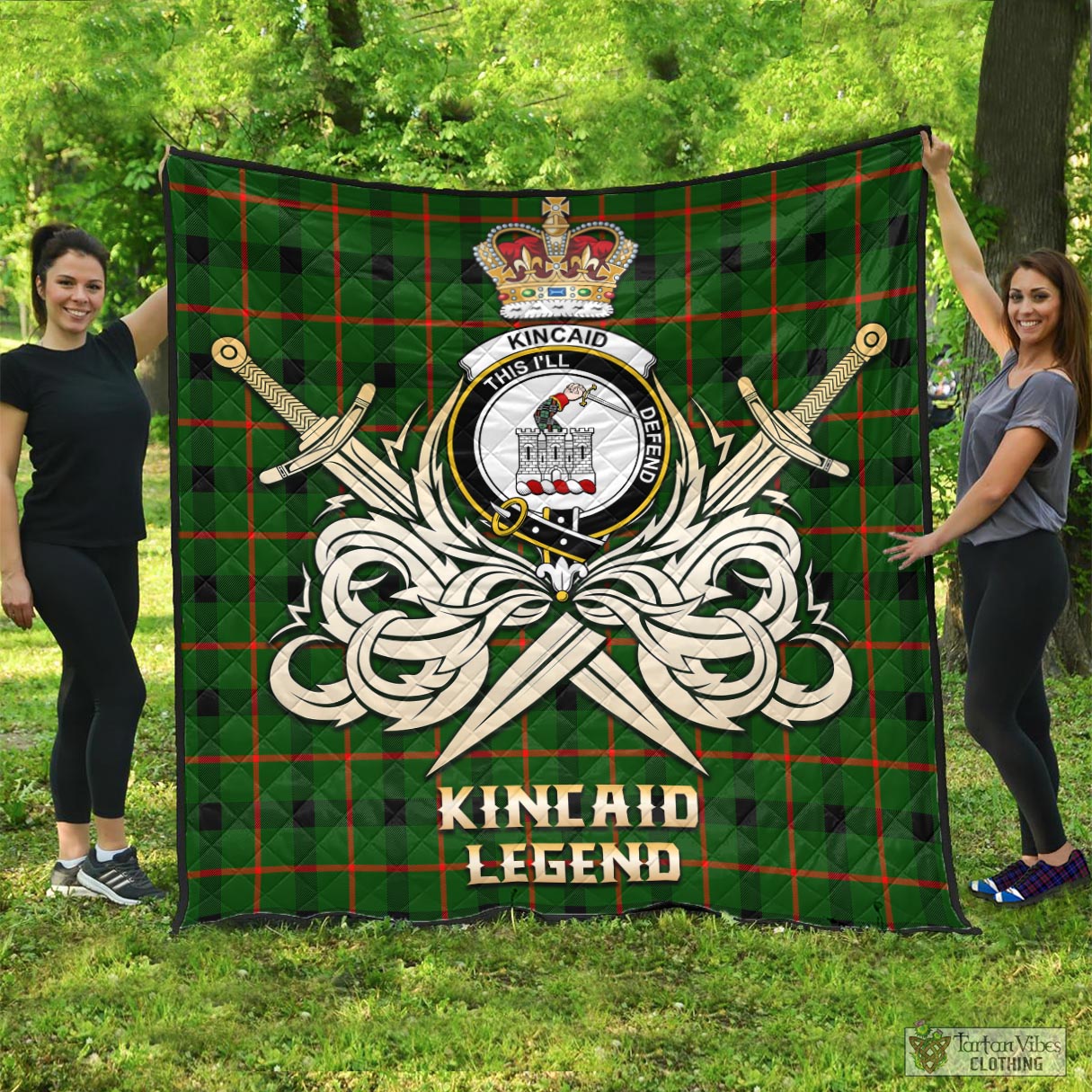 Tartan Vibes Clothing Kincaid Modern Tartan Quilt with Clan Crest and the Golden Sword of Courageous Legacy