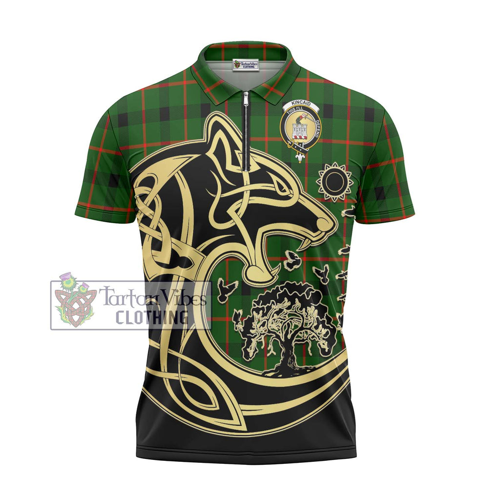 Kincaid Modern Tartan Zipper Polo Shirt with Family Crest Celtic Wolf Style - Tartanvibesclothing Shop