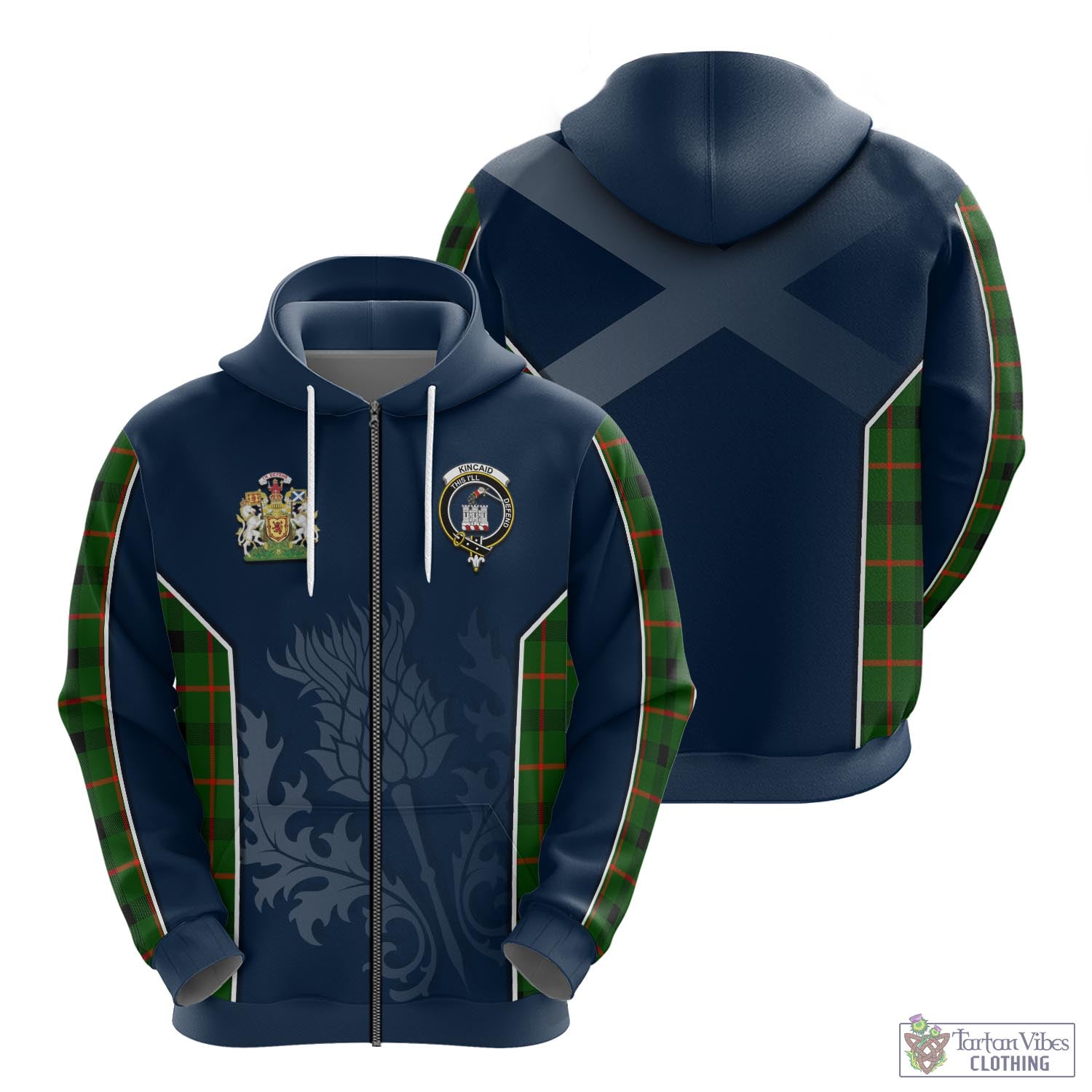 Tartan Vibes Clothing Kincaid Modern Tartan Hoodie with Family Crest and Scottish Thistle Vibes Sport Style